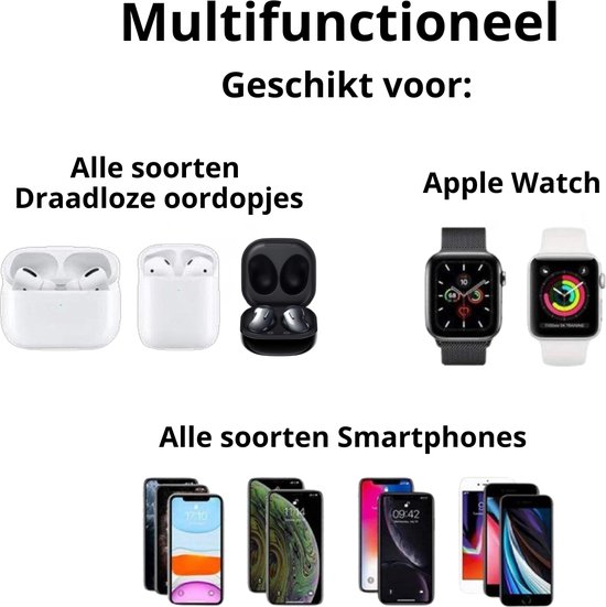 Oplaadstation voor Apple Watch, smartphones en draadloze oordopjes.