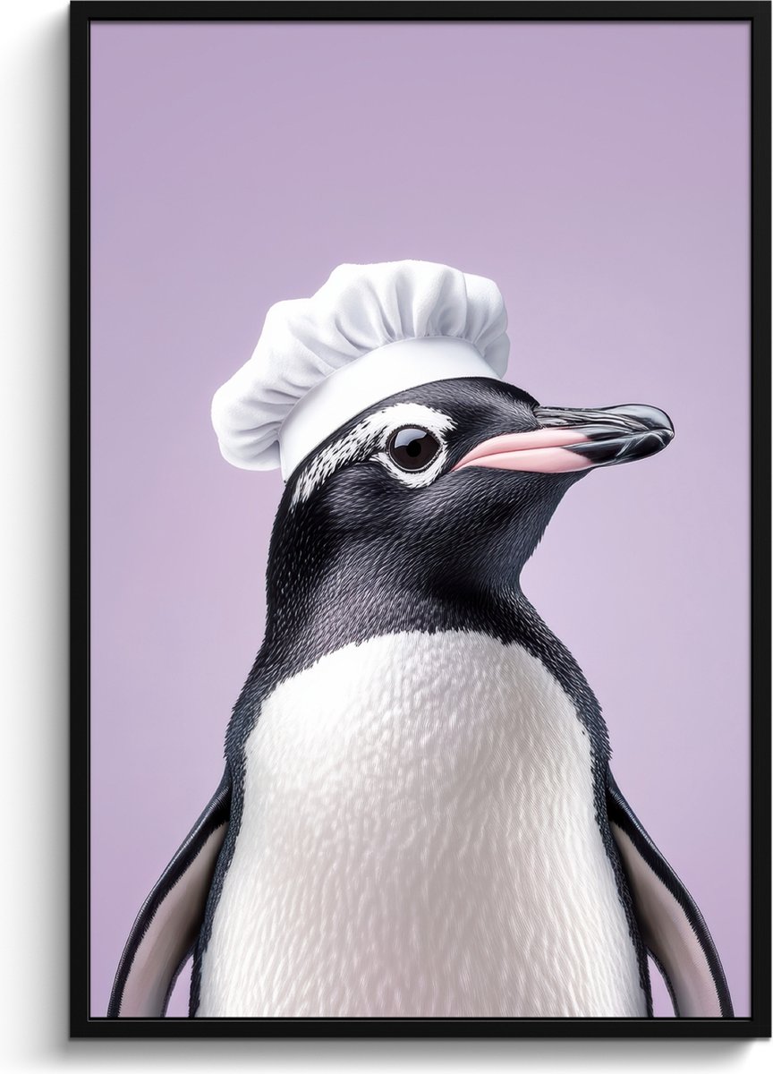 FrameYourWall Fotolijst inclusief poster - Posterlijst 80x120 cm - Posters - Pinguïn - Koksmuts - Lief - Paars - Foto in lijst - Keuken decoratie muur - Wanddecoratie accessoires - Muurdecoratie - Schilderijen Koksmuts - Pinguïn