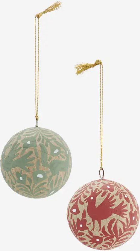 Madame Stoltz - Set de 2 boules de Noël en papier mâché - vert et rouge - fait main