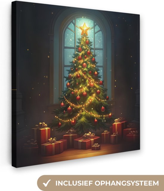 Canvas schilderij 50x50 cm - Wanddecoratie Kerstboom - Cadeau - Kerst - Winter - Muurdecoratie woonkamer - Slaapkamer decoratie - Kamer accessoires - Schilderijen op canvas - Kerstdecoratie voor binnen - Kerstversiering - Kerstmis versiering