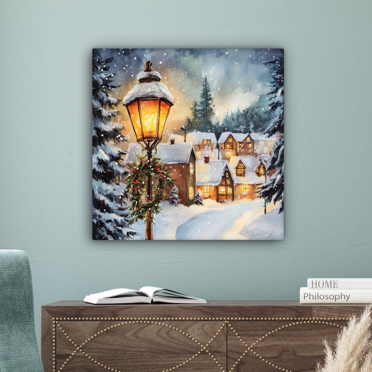 Canvas schilderij 50x50 cm - Wanddecoratie Kerstdorp - Huizen - Sneeuw - Kerst - Muurdecoratie woonkamer - Slaapkamer decoratie - Kamer accessoires - Schilderijen op canvas - Kerstdecoratie voor binnen - Kerstversiering - Kerstmis versiering – foto 3