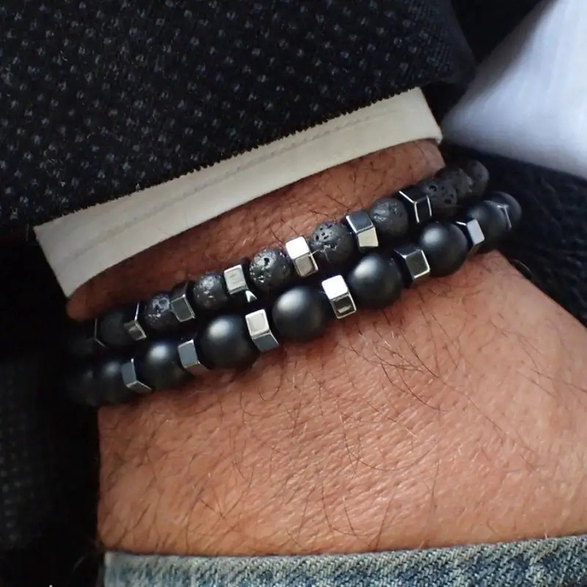 Goedkoopste Herenarmband set 2 stuks - Zwart | Lava | Tijgeroog | Sint/Kerst kado