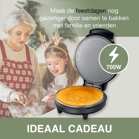 Zwart wafelijzer met een warme wafel en een vrouw met meisje die bakken, tekst 'Ideaal Cadeau'.