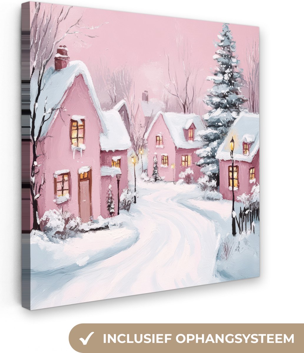 Canvas schilderij 20x20 cm - Wanddecoratie Kerstdorp - Roze - Winter - Sneeuw - Huizen - Muurdecoratie woonkamer - Slaapkamer decoratie - Kamer accessoires - Schilderijen op canvas - Kerstdecoratie voor binnen - Kerstversiering - Kerstmis versiering