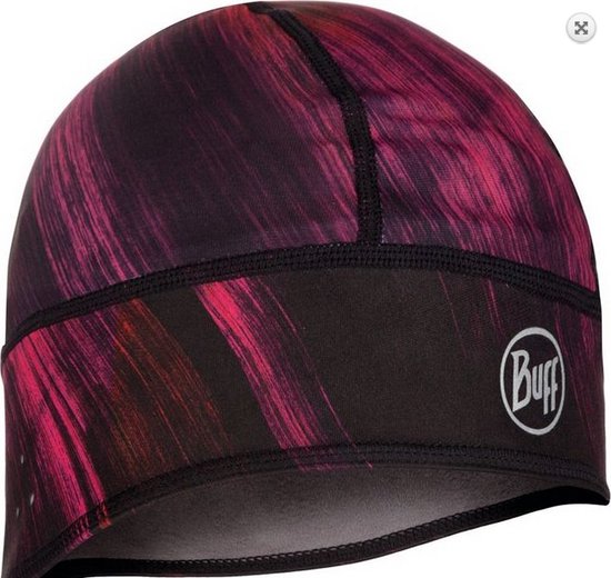 Buff muts met roze, paarse en zwarte strepenprint en Buff logo.