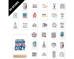 30 stuks woonkaarten Kerstkaarten met beuken houten kaart houder/ standaard - enkele A6 kaarten zonder enveloppen - aftellen naar Kerst advent kerst of Sint cadeau - decoratieve kaarten met kerst quotes voor neerzetten