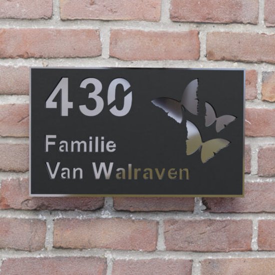 Plaque signalétique de porte d'entrée - Plaque numéro de maison - Papillon rectangulaire - 25x15 - noir/argent