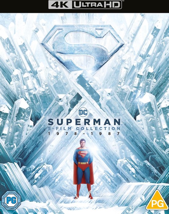 Superman 5-filmcollectie 1978-1987 in 4K Ultra HD met Superman in zijn klassieke pak in een kristallen omgeving.
