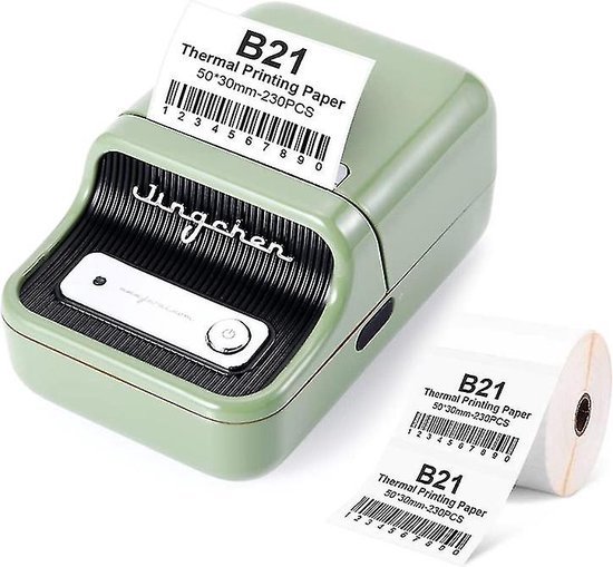 Groene Niimbot B21 labelprinter print een barcode label, met een rol printpapier ernaast.