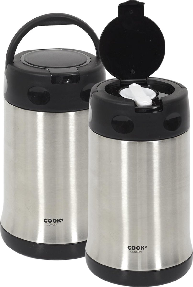 OTIX Thermosfles - 2 Stuks - Soep - Thermos - Soepbeker - Thermosbeker - met Lepel - Travel Mug - 500ml - Zwart - Staal