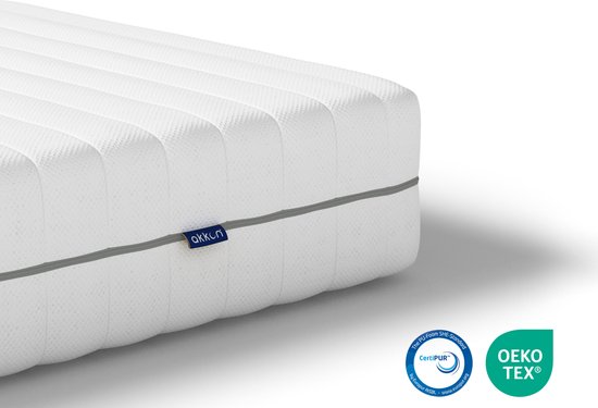 Witte matras met grijze bies, het Akkon logo en Oeko-Tex en CertiPUR keurmerken.
