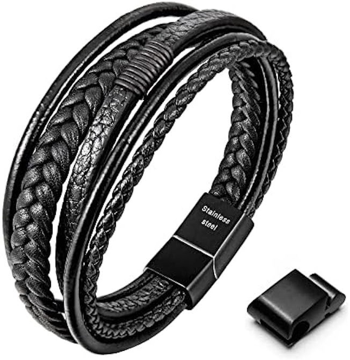 iBright Leren Armband Inclusief Verlengstuk - RVS - Magnetische Sluiting – Armband – Unisex – Armband voor Heren - Mannen Armbandje - Zwart