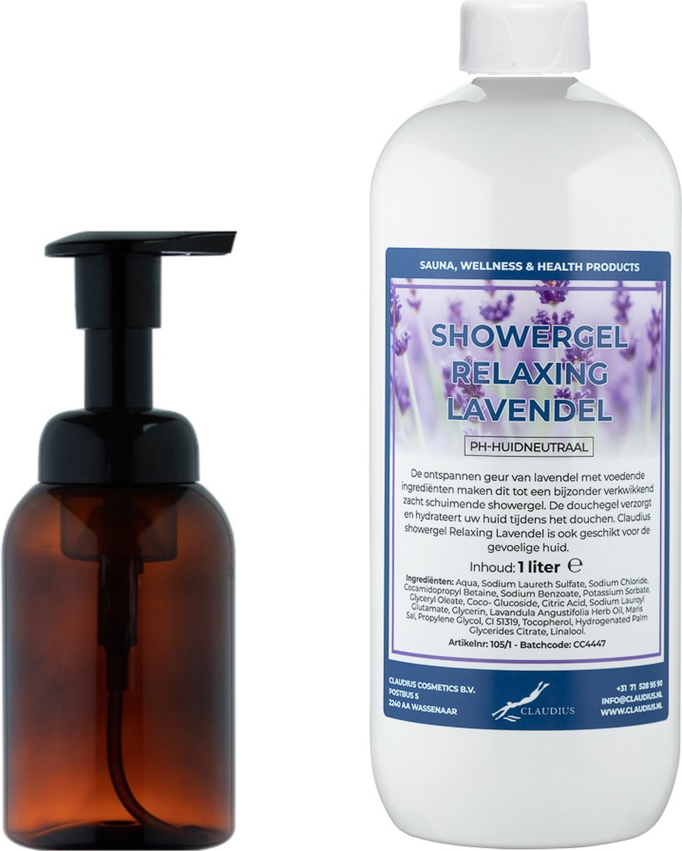 Goedkoopste Zeepdispenser 300 ml amber bruin hervulbaar 1 liter Showergel Relaxing Lavendel navulling
