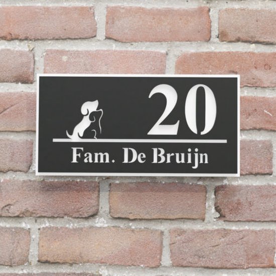 Plaque signalétique de porte d'entrée - Plaque d'immatriculation de maison - Étroite avec chien - 20x10 - noir/blanc - bande adhésive