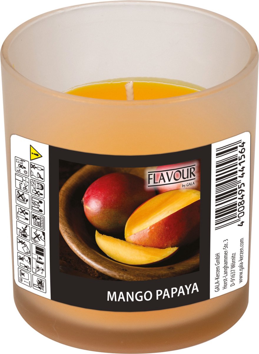 Conpax Candles geurkaars - mango/papaya geur - oranje - 8 branduren - in glas - aroma kaars Donkergeel