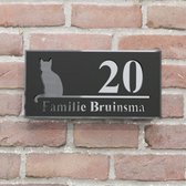 Plaque signalétique de porte d'entrée - Plaque numéro de maison - Étroite avec chat - 20x10 - noir/argent - fixation magnétique