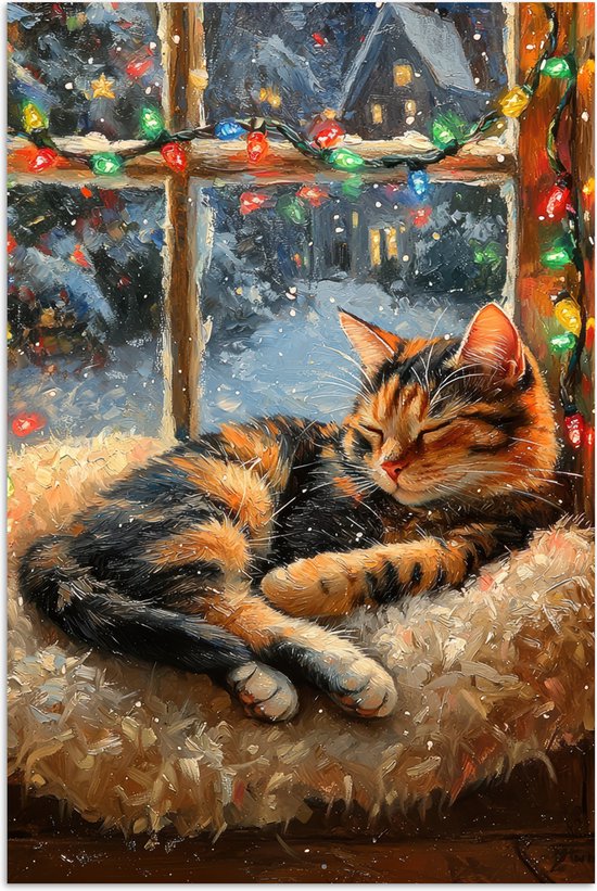 Poster 60x90 cm - Kat - Kerst - Winter - Dier - Posters - Kamer decoratie - Wanddecoratie woonkamer - Kerstdecoratie voor binnen - Kerstversiering - Kerstmis versiering in huis - Kerstaccessoires