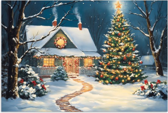 Poster 90x60 cm - Kerst - Kerstboom - Winter - Huis - Sneeuw - Posters - Kamer decoratie - Wanddecoratie woonkamer - Kerstdecoratie voor binnen - Kerstversiering - Kerstmis versiering in huis - Christmas decorations