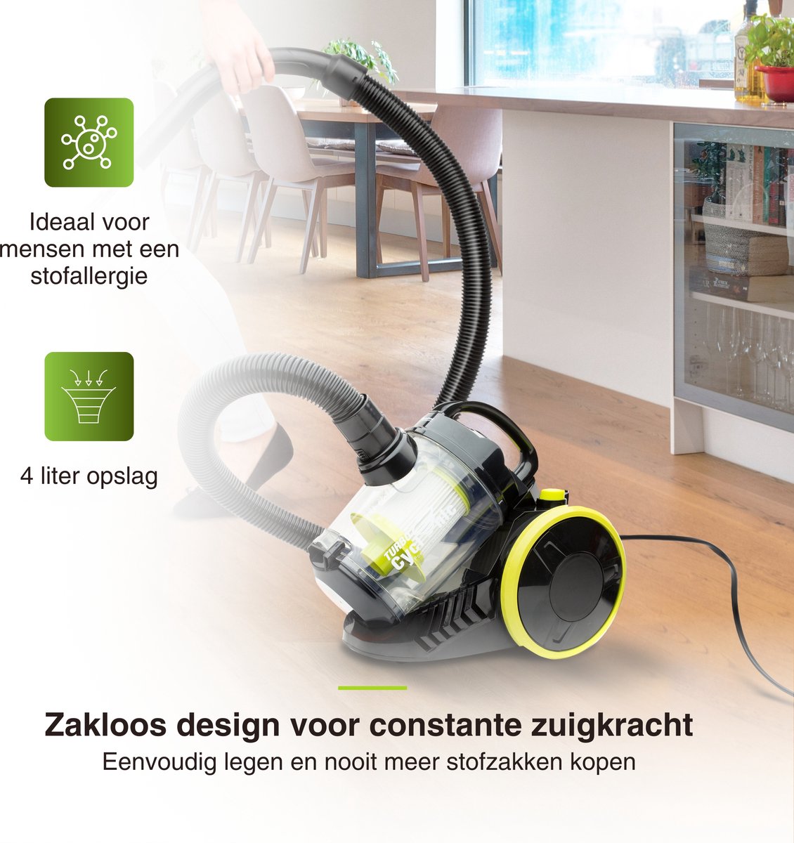 TurboTronic CV07 Stofzuiger zonder zak - Compact Design - Hoge Zuigkracht - Zakloze Stofzuiger - Zwart/Groen – foto 3
