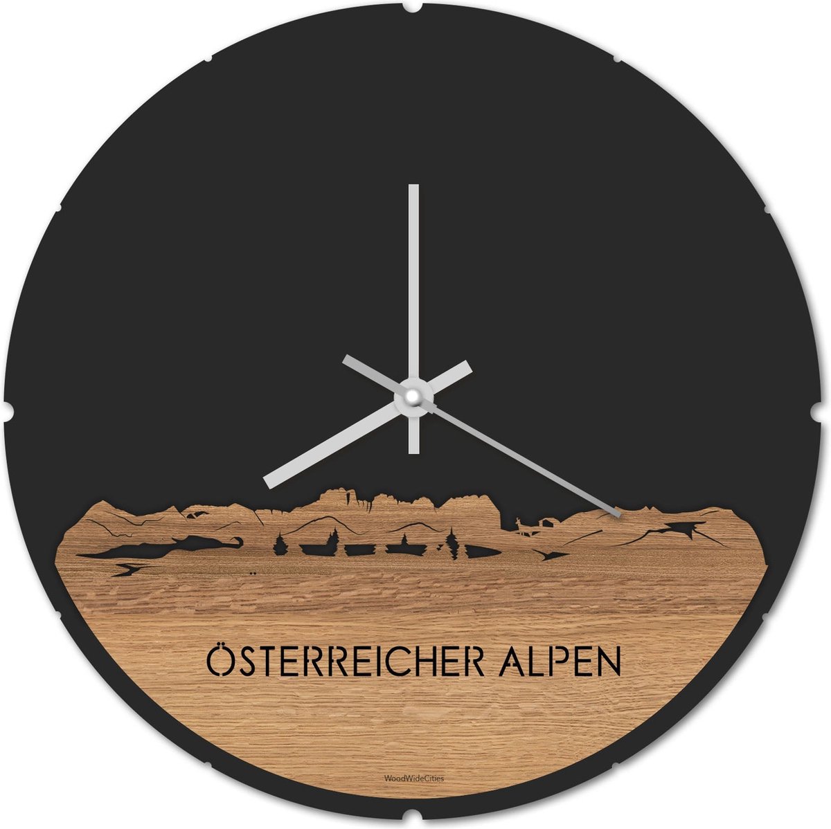 Skyline Klok Rond Österreicher Alpen Eikenhout - Ø 44 cm - Stil uurwerk - Wanddecoratie - Meer steden beschikbaar - Woonkamer idee - Woondecoratie - City Art - Steden kunst - Cadeau voor hem - Cadeau voor haar - Jubileum - Trouwerij - Housewarming -