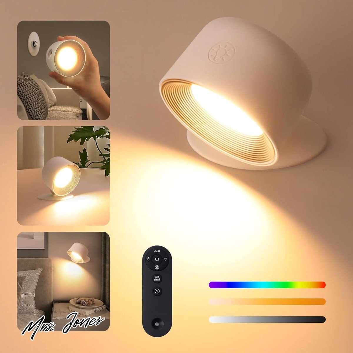 Mrs. Jones Led-wandlamp voor binnen draadloos met afstandsbediening - RGB-kleurmodi en 5 helderheidsniveaus - 360° draaibare magneethouder voor woonkamer slaapkamer .