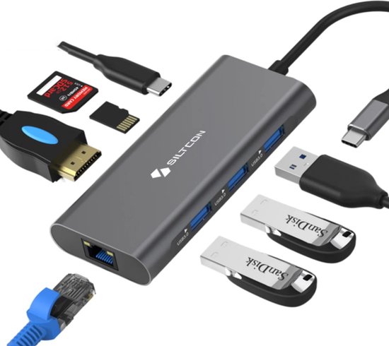 Siltcon® 8 in 1 USB C Hub – Docking Station Laptop - USB Splitter - USB C Naar HDMI – USB 3.0*3 - HDMI 4K 30Hz - RJ45 Gigabit - SD/TF - Universeel - Premium Kwaliteit - Spacegrey