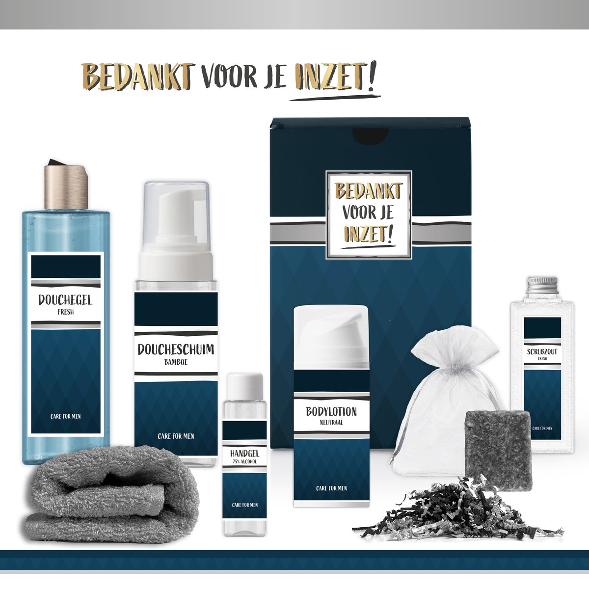 Goedkoopste Geschenkset “Bedankt voor je inzet!” - 7 producten - 850 gram | Luxe Cadeaubox voor hem - Wellness Pakket man - Giftset Collega - Cadeaupakket Werknemer - Vrijwilliger - Gift Kerst - Kerstcadeau - Cadeau Set - Relatiegeschenk - Goud - Blauw