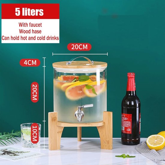 Drankdispenser met houten standaard, glazen ijsdrankdispenser met bodem, glazen drankdispenser van 5 liter met kraan en deksel, waterdispenser voor warme en koude dranken, sapcontainer