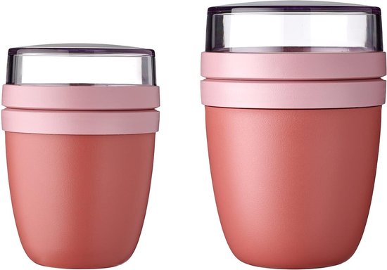 Deux pots à lunch corail, un petit et un grand, avec un couvercle transparent et des accents roses.
