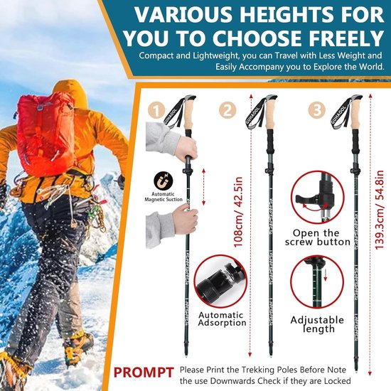 Terra Peak Wandelstokken, telescopisch, carbon, uittrekbaar, ultralicht, trekkingstokken & nordic walking, verstelbaar, voor dames en heren, met rubberen buffers, kurk-greep, alpine wandelstok Terra Peak Wandelstokken, telescopisch, carbon, uittrekbaar, ultralicht, trekkingstokken & nordic walking, verstelbaar, voor dames en heren, met rubberen buffers, kurk-greep, alpine wandelstok