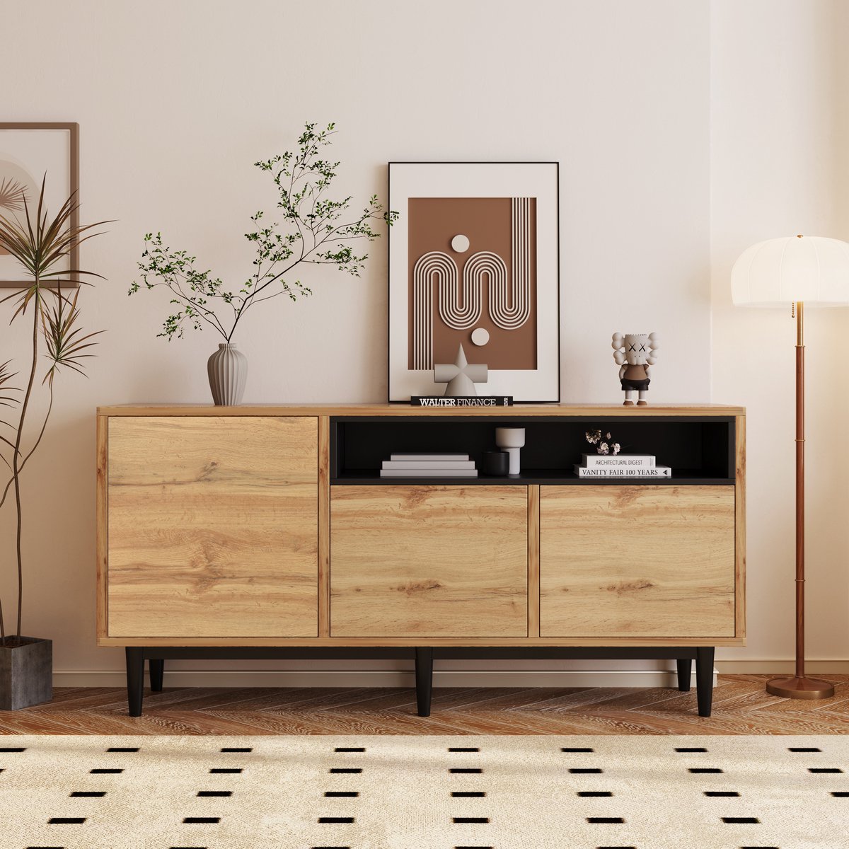 Gutent Houten Dressoir, Houtkleur, met Drie Deuren en Planken, 160 x 35 x 76 cm, Eenvoudig te monteren, ruimtebesparend, stevig en betrouwbaar