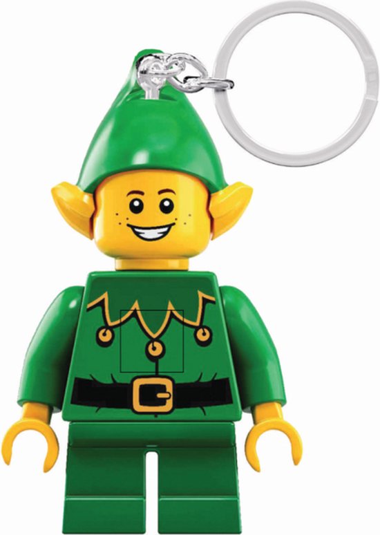 LEGO kerstelf sleutelhanger, met groene outfit, groen elfmutsje en gouden gesp.