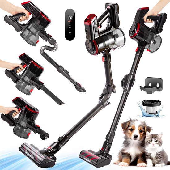 AG4000 Steelstofzuiger Draadloos - 5 in 1 - Obsidian Red - Stofzuiger Zonder Zak - Geschikt Voor Dierenharen- Kruimeldief- Draadloze Stofzuigers - Steelstofzuigers - Kruimelzuiger - 250Watt - 5 Accessoires - Krachtig - Compact & Licht - Auto Geschikt