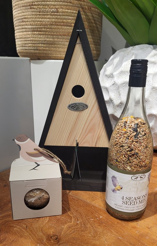 Esschert Design - Nichoir - Nichoir - Boîte combinée - Driehoek - Zwart - Set avec bouteille de nourriture pour oiseaux et boule de graisse géante