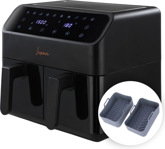Luxari - Dubbele Airfryer XXL - Twee Kookvakken - 2800 Watt - 10 Programma's - Inclusief 2 Beschermende Siliconen Beschermbakken - 8 Liter - Digitale Thermometer - Dual Zone Technologie