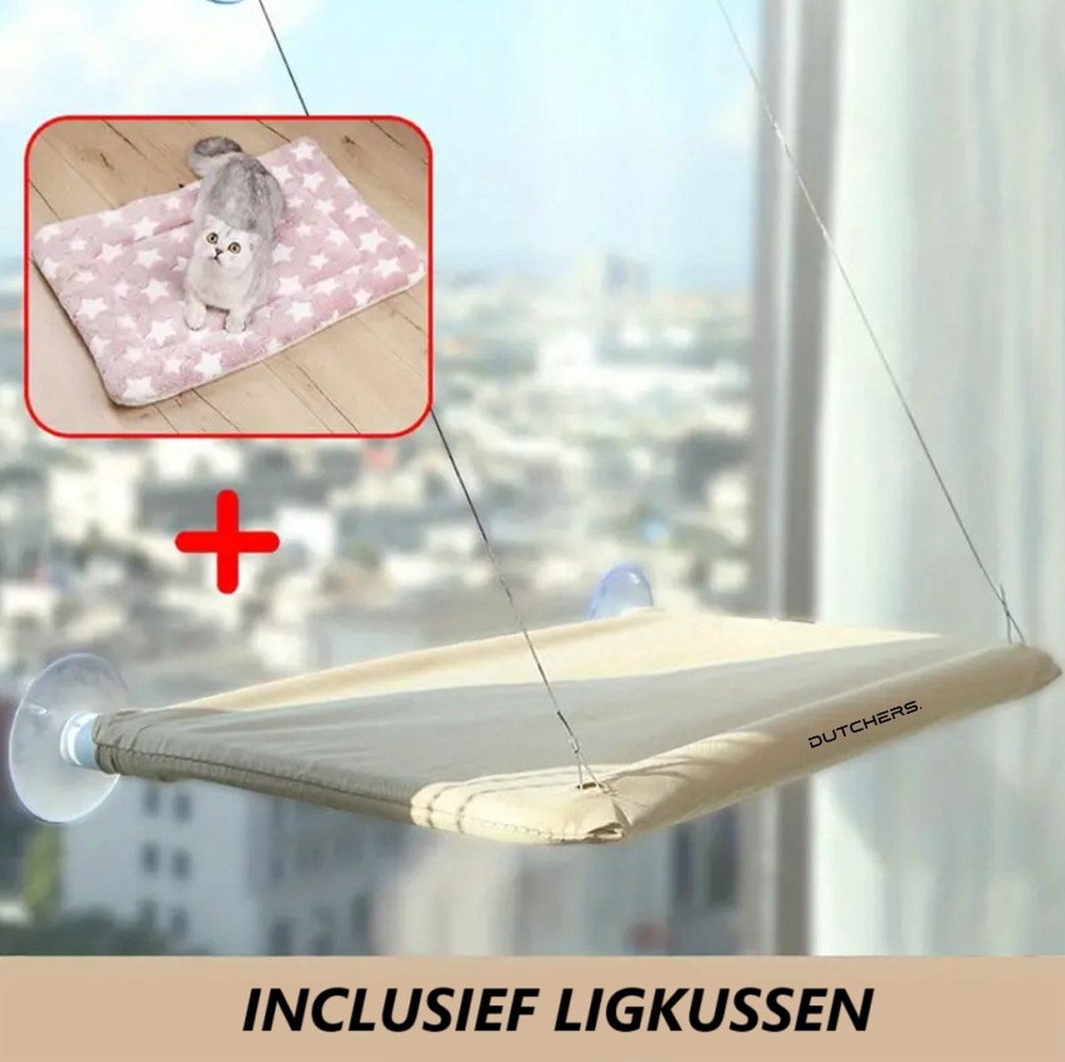 Dutchers® Kattenbed - Nu met extra ligkussen - Hangmat voor huisdier - Kattenmand voor het raam - Hangmat - Ligbed voor poes & kat - Bruin – foto 6