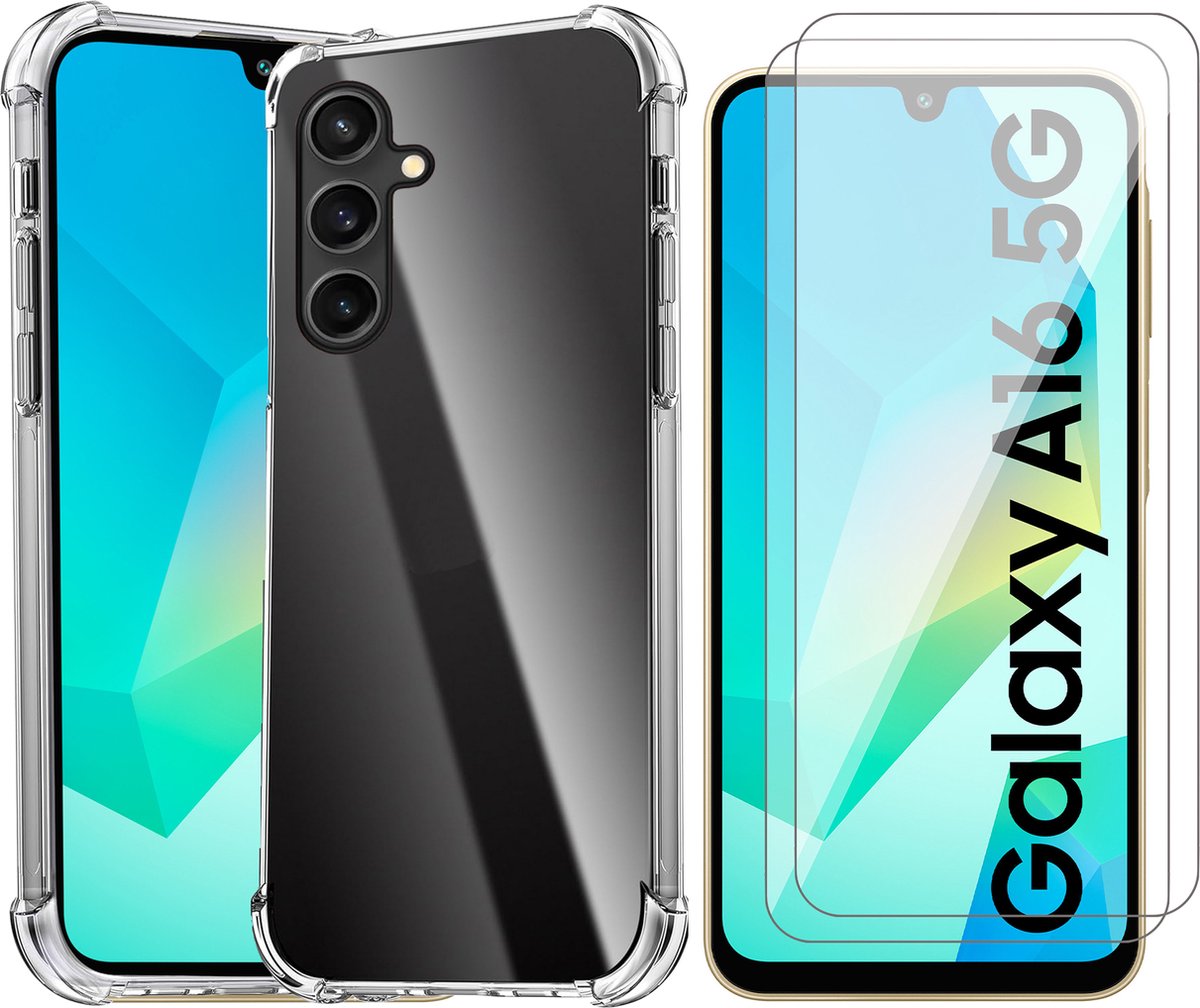 Hoesje geschikt voor Samsung Galaxy A16 - 2x Screenprotector Glas - Shockproof Transparant