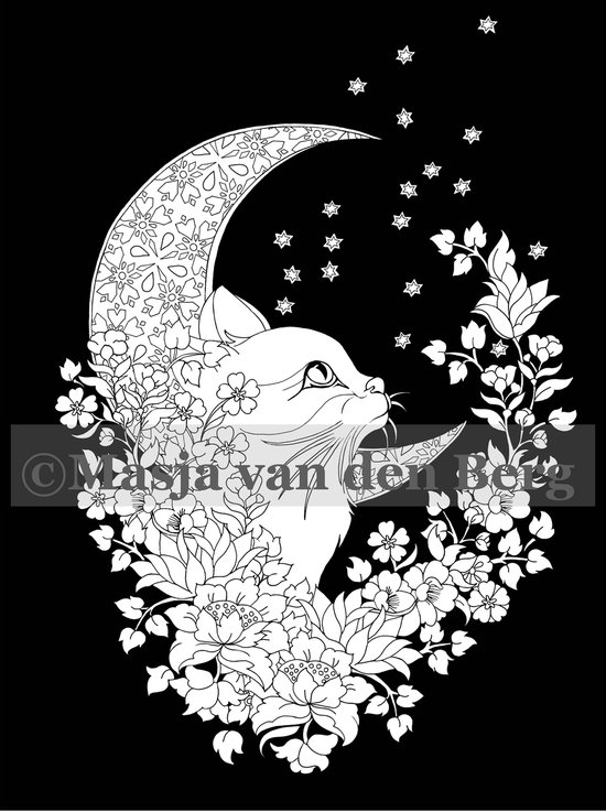 Kat op de maan, omringd door bloemen, bladeren en sterren in lijntekening.