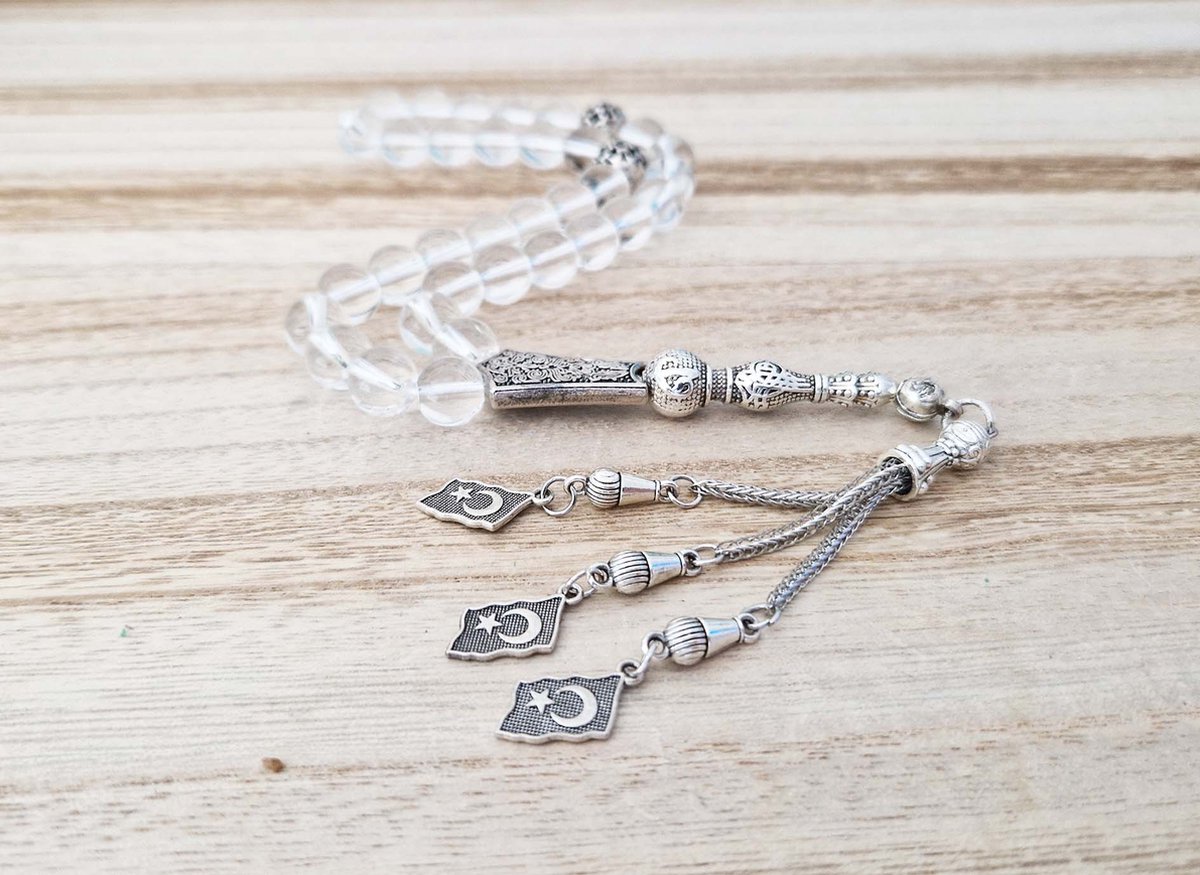 Handgemaakte tesbih "tasbih" natuursteen "Bergkristal" - Aantal kralen 33 - Diameter kralen 10 MM - met metaal tassel "model D2" - Een mooi cadeau-idee