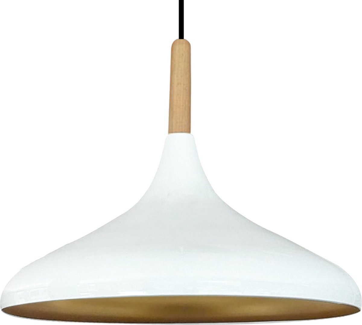 Bamyum Hanglamp Wit van Metaal Abajur en Houten Onderdelen 35 cm, Hanglamp Eettafel, Keukenlamp Hangend E27, Hanglamp Zwart voor Kinderkamer, Slaapkamer, Woonkamer
