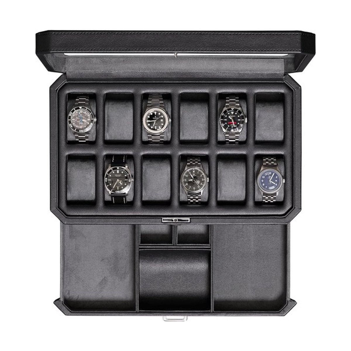 Horlogedoos met valetlade voor mannen - Horlogebox heren - luxe horlogedoos met 12 vakken - displayorganisator - microsuède voering - vergrendeling - juwelenopbergdoos - Sieradendoos - groot - glazen bovenkant (zwart-grijs)
