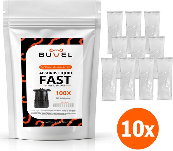 Een zakje Buvel super absorberend poeder naast 10 losse zakjes. Het poeder absorbeert 100x zijn gewicht.