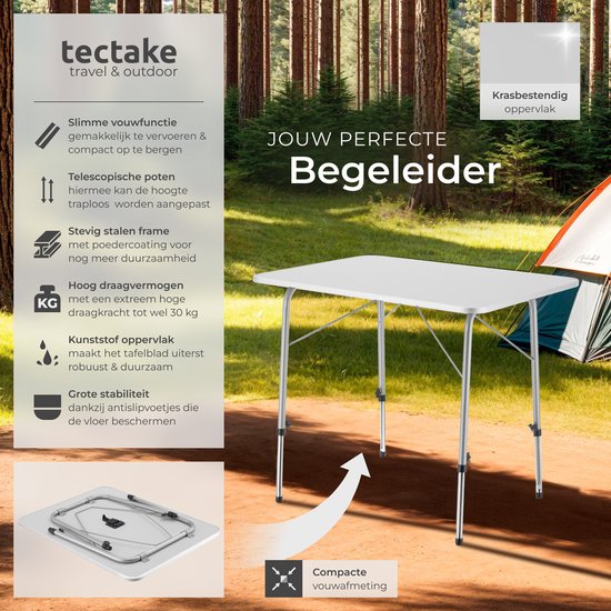 tectake® Campingtafel - 80 x 60 x 68 cm - Opvouwbaar - Draagbare Kampeertafel - Vouwtafel Buiten - Inklapbare Tafel - Weerbestendig - Grijs