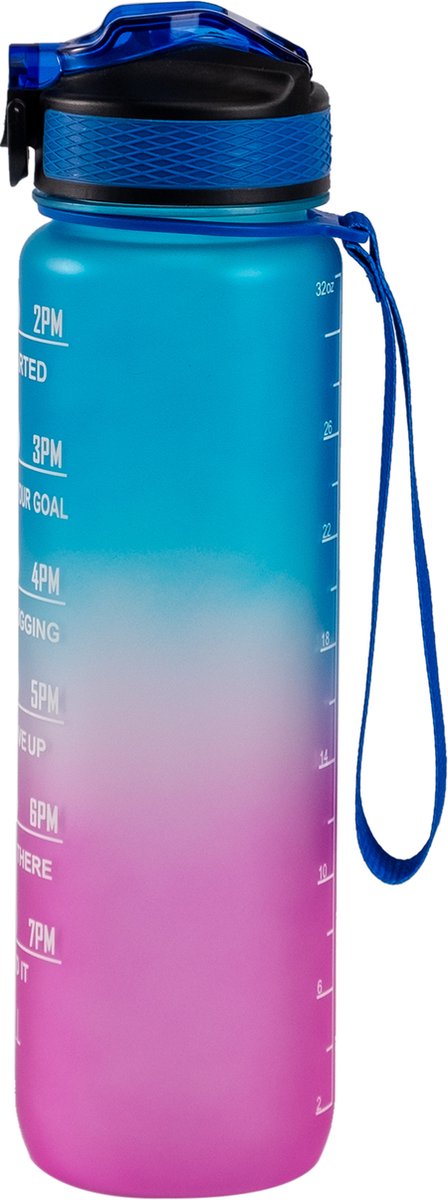 Motivatie Waterfles - Blauw/Roze - 1 Liter Drinkfles - Waterfles met Rietje - Waterfles met tijdmarkering - BPA Vrij - Volwassenen - Kinderen - Met Box-On Hydration Challenge