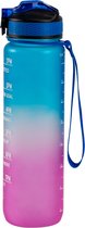 Motivatie Waterfles - Blauw/Roze - 1 Liter Drinkfles - Waterfles met tijdmarkering - BPA Vrij - Volwassenen - Drinkfles Kinderen