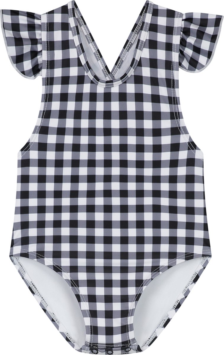 Supercute baby badpak geruit zwart wit met gekruiste bandjes en drukknopen maat 98