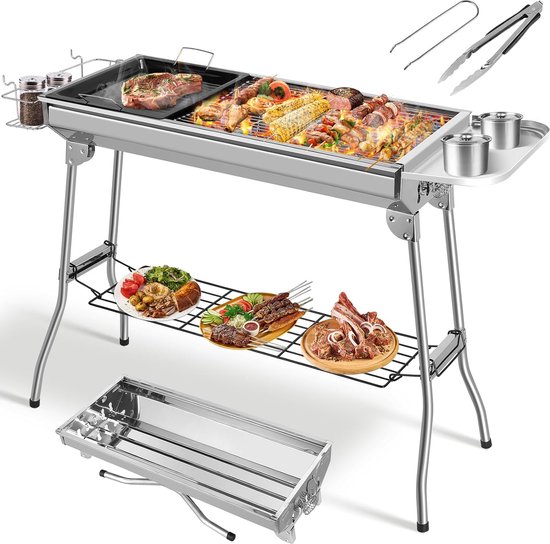 Houtskoolgrill XXL, 118 x 33 x 72 cm, klapgrill, campinggrill, picknickgrill, van roestvrij staal, grill met antiaanbakpan, opbergmand en opbergplaat, voor 5-10 personen, complete accessoires HMTM-CA-12