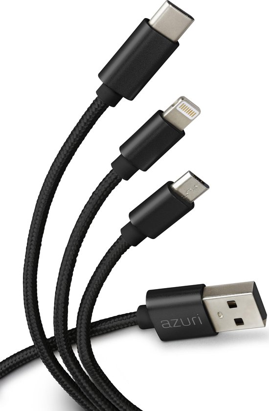 Azuri 3 In 1 Usb Cable With Micro Usb Type C And Lightning Connector