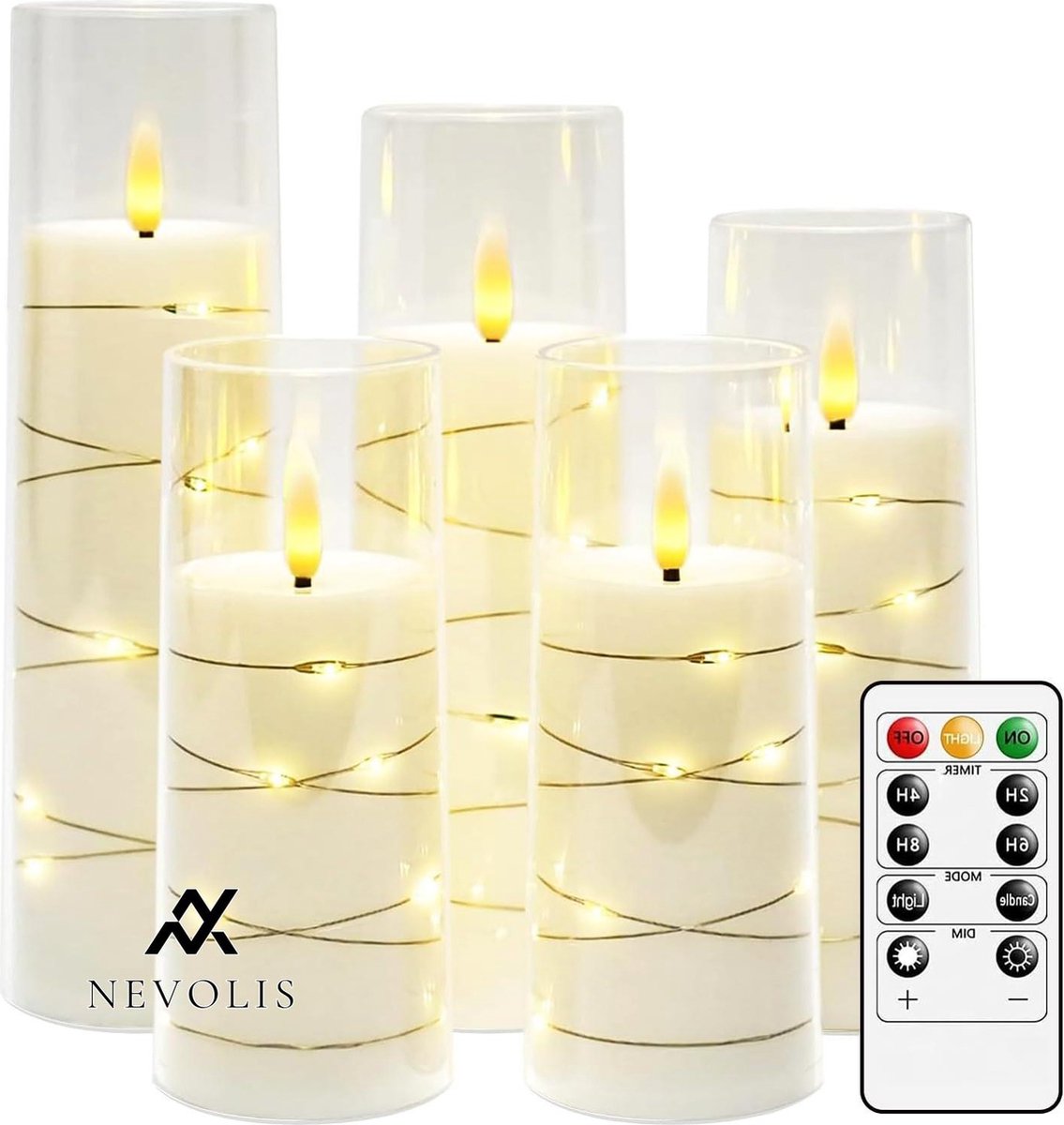 Nevolis LED Candles in Acrylic Glass - String Lights Flickering Flameless Candles - Timer Function Battery Powered Electric Candle - Remote Control Moving Wick Dancing Flames - Set of 5 .