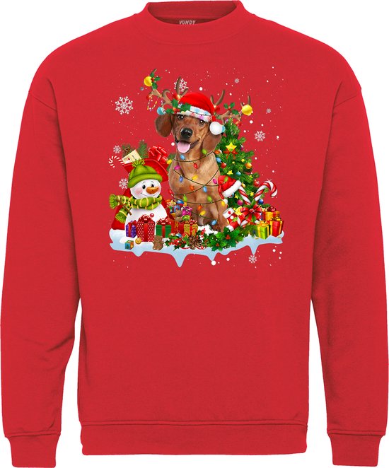 Kersttrui Kerst Teckel | Foute Kersttrui Dames Heren | Kerstcadeau | Kerstpakket | Rood | maat 4XL